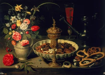 Naturaleza muerta de flores y frutas secas, 1611